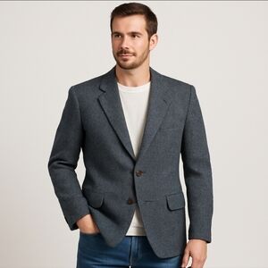 Harris Tweed Handwoven Scottish Wool Blazer 44R Leishman Gray Herringbone Union